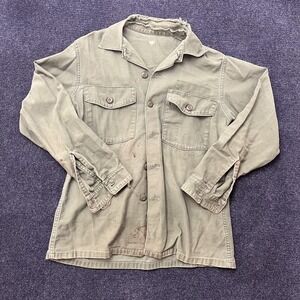 Vintage Military Shirt Jacket Mens Large Green Twill Utility Workwear Button Up